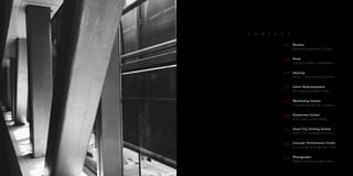 c o n t e n t
0 1
0 2
0 3
0 4
0 5
0 6
0 7
0 8
0 9
Kiosk
2nd place Najah competition.
Housing
Urban + Mass housing project.
Resume
Personal experience & skills.
Urban Redevelopment
Re-imagining Dubai Creek.
Wayfinding System
A graphic design for a campus.
Elementary School
A 3rd year school design.
Smart City Parking System
Smart city competition entry.
Concept: Performance Center
Conceptual thinking into a PAC.
Photography
Gallery of photography work.
 