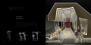 Project | Kiosk
Date | April 2015
This is a recently completed competition entry that
won 2nd place. This kiosk is supposed to function as an
adaptable structure for the Canadian University of Dubai
to use at the Najah exhibition in Dubai and to retain for
future expo’s and functions.
02
0 3
N A J A H
K I O S K
 