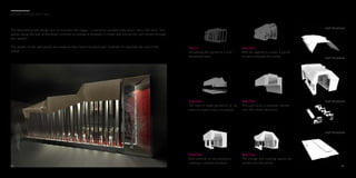 The idea behind the design was to translate the slogan “ a portal to canadian education” into a 3D form. The
panels along the wall of the kiosk continue to change & progress in shape and size as the user moves through
the “portal”.
The profile of the wall panels are raised as they reach the back wall. Symbolic of reaching the end of the
portal.
0 5
n a j a h k i o s k d e s i g n
Step 1
Visualizing the portal as a 3-di-
mensional form.
Step Two
Ribs are aligned to create a tunnel
to move through the portal.
Step Two
The form is made geometric & cut
open to create cross circulation.
Step Two
The roof forms a symbolic shelter
over the whole structure.
Step Two
Roof extends to the partitions
creating a unified structure.
Step Two
The lounge and meeting spaces are
carved into the portal.
0 6
roof structure
roof structure
roof structure
roof structure
 