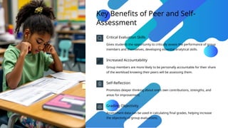 Key Benefits of Peer and Self-
Assessment
Critical Evaluation Skills
Gives students the opportunity to critically assess the performance of group
members and themselves, developing essential analytical skills.
Increased Accountability
Group members are more likely to be personally accountable for their share
of the workload knowing their peers will be assessing them.
Self-Reflection
Promotes deeper thinking about one's own contributions, strengths, and
areas for improvement.
Grading Objectivity
Assessment data can be used in calculating final grades, helping increase
the objectivity of group evaluations.
 