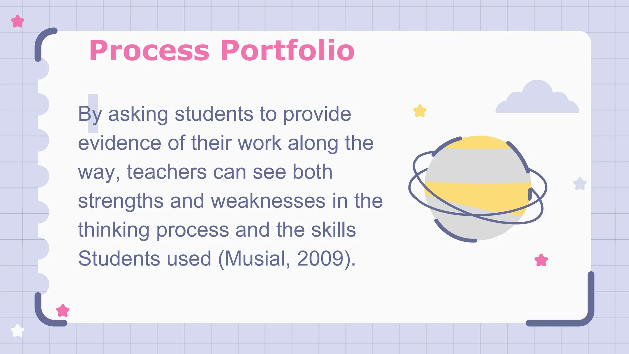 Process Portfolio
By asking students to provide
evidence of their work along the
way, teachers can see both
strengths and weaknesses in the
thinking process and the skills
Students used (Musial, 2009).
 