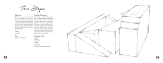 2423
The given mass was 16’-0” wide
by 32’-0” long by 16’-0” tall as a
solid that became manipulated and
transformedintoaseriesofspacesfor
a place for reflection and meditation
using up to ten operations inspired
by the operative verbs described in
Anthony Di Mari and Nora Yoo’s book
Operative Design.
The driving idea behind this design
was to create a space that would
transition from tight and enclosed
to open and free by also including
light. Due to project requirements
the space is made out of basic lines
and shapes which help the space feel
interactive but also clam. A person
can enter into the space in multiple
ways, but the intended way is to walk
threw like a maze to then have a seat
at the end to enjoy the view.
Ten Steps
Concept Statement
Client:
The public
Programs Used:
Sketchup
Autocad
Photoshop
Indesign
Year:
Sophomore Fall 2015
Location:
Country side of Southern Illinois
Objective
 