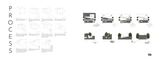 26
Original shape started with a rect-
angle at a size of 32’x16x’16’.
The shape is fractured into three
separate cubes with two feet be-
tween each.
Original Shape Step 1
The first cube is compressed down
to 8’ by 8’ to have a face of a perfect
square.
Step 2
The first cube has now been made
into a ramp that goes from 0’ to 8’.
Step 3
Moved onto the second cube by
separating them into two parts with
a 2’ gab down the middle.
Step 4
Extruded the second two cube
down into heights of 13’ and 10’
Step 5
Shaved off both parts of cube two
to have an angle that creates a
walkway where there is now a dif-
ference in space felt.
Extruded an angled entryway all the
way threw in cube three at a width
of 4’.
Step 6 Step 7
Graded the top portion of the mass
to create seating for any persons
who visits this space. Specifically, to
be able to watch the sun set.
Step 8
Extruded a box from the top all the
way threw the mass.
Step 9
Extruded an entrance for a hide-
away space that is 3’ tall to enter
the space to lay on your back and
look at the stars.
Step 10
P
R
O
C
E
S
S
plan 1 plan 2 plan 3 plan 4
section 1 section 3section 2 section 4
 