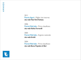 AWA R D S




            2011
            Premio Agorà - Miglior sito internet
            sito web New York Yankees

            2006
            Premio Web Italia - Primo classificato
            sito web Kekko Fornarelli

            2005
            Premio Web Italia - Argento nazionale
            sito web Airoldi

            2004
            Premio Web Italia - Primo classificato
            sito web Banca Popolare di Bari
 