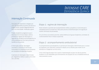 1330
Este plano de tratamento é dirigido aos
casos de dependência química de álcool ou
drogas ilícitas, quando diagnosticado em
níveis de intensidade moderada e grave.
Projeto terapêutico progressivo que é
desenvolvido em duas etapas, sendo a
primeira em regime de internação e a
segunda em assistência psicoterapêutica na
clínica ambulatorial Viva mais próxima da
residência do paciente.
A internação pode ter abordagem
voluntária ou através de intervenção
involuntária ou compulsória para pacientes
em condições de dependência grave.
O período em internação é determinado
por diagnóstico médico e pode variar entre
30 a 120 dias.
Internação Continuada
Etapa 1: regime de internação
Neste momento o paciente tem acompanhamento médico, psiquiátrico e nutricional para o
reestabelecimento da saúde física. Passa pelo processo de desintoxicação e em seguida por
sessões individuais de psicoterapia.
Em convivência com demais pacientes, realiza dinâmicas em grupos terapêuticos, atividades de
condicionamento físico e terapia ocupacional.
Etapa 2: acompanhamento ambulatorial
O acompanhamento psicoterapêutico no período pós-internação é determinante para o sucesso
do tratamento, pois nesta fase o paciente se depara com os desafios para manter-se em
abstinência e reorganizar sua nova rotina.
O foco nesta segunda etapa é dar suporte à implementação do plano de vida do paciente,
fortalecer as suas habilidades para enfrentamento de situações de risco e restabelecimento de
relacionamentos sociais.
DEPENDÊNCIA QUÍMICA
 