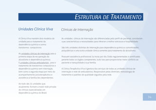 1334
ESTRUTURA DE TRATAMENTO
Unidades Clínica Viva
A Clínica Viva mantém dois modelos de
unidade para o tratamento da
dependência química e outros
transtornos compulsivos.
As unidades clínicas de internação para a
primeira etapa da recuperação do
alcoolismo e dependência química.
E unidades clínicas ambulatoriais , para o
tratamento de transtornos compulsivos e
dependência química sem internação,
bem como a segunda etapa por meio do
acompanhamento psicoterapêutico e
assistência à família dos dependentes.
Ao todo são 25 unidades que,
atualmente, formam a maior rede privada
de clínicas especializadas em
dependência química do Brasil.
Clínicas de Internação
As unidades clínicas de internação são diferenciadas pelo perfil de paciente, consideram
suas características e necessidades para oferecer a melhor estrutura e hospitalidade.
São três unidades distintas de internação para dependência química e comorbidades
psiquiátricas e uma outra unidade clínica somente para tratamento do alcoolismo.
Possuem assistência profissional 24 horas por dia. Estão regulamentadas e certificadas
perante todos os órgãos competentes, tudo isso para proporcionar maior conforto ao
paciente e tranquilidade à sua família.
A Clínica Terapêutica Viva é gestora dos serviços de todas as unidades clínicas de
internação e rede de ambulatórios. Responsável pelas diretrizes, metodologia de
tratamento e padrões de qualidade seguidos pela rede.
 