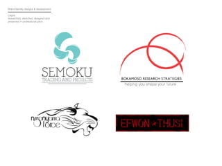 Brand Identity designs & development.
Logos,
researched, sketched, designed and
presented in professional pitch.
 