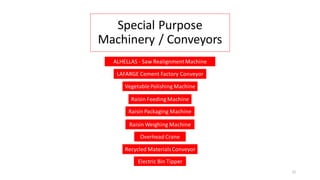 Special Purpose
Machinery / Conveyors
LAFARGE Cement Factory Conveyor
VegetablePolishing Machine
Raisin Feeding Machine
Raisin Packaging Machine
Raisin Weighing Machine
Overhead Crane
Recycled MaterialsConveyor
Electric Bin Tipper
21
ALHELLAS - Saw RealignmentMachine
 