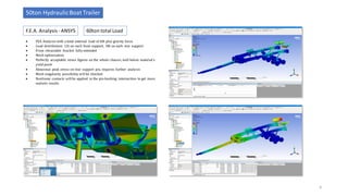 F.E.A. Analysis- ANSYS
50ton HydraulicBoat Trailer
6
60ton total Load
• FEA Analysis with a total external load of 60t plus gravity force.
• Load distribution: 12t on each front support, 18t on each rear support
• Front retractable bracket fully extended
• Mesh optimization
• Perfectly acceptable stress figures on the whole chassis, well below material’s
yield point
• Abnormal peak stress on rear support pin, requires further analysis
• Mesh singularity possibility will be checked
• Nonlinear contacts will be applied in the pin-bushing intersection to get more
realistic results
 
