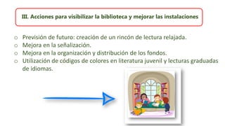 III. Acciones para visibilizar la biblioteca y mejorar las instalaciones
o Previsión de futuro: creación de un rincón de lectura relajada.
o Mejora en la señalización.
o Mejora en la organización y distribución de los fondos.
o Utilización de códigos de colores en literatura juvenil y lecturas graduadas
de idiomas.
 
