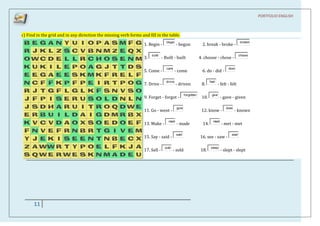 PORTFOLIO ENGLISH



c) Find in the grid and in any direction the missing verb forms and fill in the table.
                                                                                  began                                                      broken
                                                                  1. Begin -              - begun               2. break - broke -

                                                                       build                                                                 chosen
                                                                  3.           - Built - built                4. choose - chose -

                                                                                  came                                              done
                                                                  5. Come -               - come               6. do - did -

                                                                                  drove                               feel
                                                                  7. Drive -              - driven             8.            - felt - felt

                                                                                                  forgotten            give
                                                                  9. Forget - forgot -                         10.             - gave - given

                                                                                           gone                                    knew
                                                                  11. Go - went -                              12. know -                 - known

                                                                                   made                                 meet
                                                                  13. Make -              - made                14.            - met - met

                                                                                          said                                        seen
                                                                  15. Say - said -                            16. see - saw -

                                                                                 sold                                  sleep
                                                                  17. Sell -            - sold                 18.             - slept - slept




      11
 