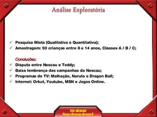Pesquisa Mista (Qualitativa e Quantitativa); Amostragem: 50 crianças entre 8 e 14 anos, Classes A / B / C; Conclusões: Disputa entre Nescau e Toddy; Baixa lembrança das campanhas do Nescau; Programas de TV: Malhação, Naruto e Dragon Ball; Internet: Orkut, Youtube, MSN e Jogos Online. 