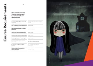 CourseRequirements
Check below to see exactly
what you need to prepare
to submit alongside your
application form:
02
3D Animation & Visual Effects (Bachelor of
Art & Design)
Game Art (Bachelor of Creative Technologies)
Game Programming (Bachelor of Software
Engineering)
Creative Advertising (Diploma in Creative
Advertising)
Foundation Course  (Diploma in Digital
Creativity) 
Graduate Studies (Graduate Diploma in
Creative Technologies)
General Portfolio
General Portfolio
General Portfolio
General Portfolio
No Portfolio required
Task Sheet for Creative Advertising
Advanced Portolio
Basic Porfolio PLUS Task Sheet for
Digital Creativity
General Portfolio (3D models or visualisations
favoured)
Graphic Design (Bachelor of Media Design)
Interactive Design (Bachelor of Media Design)
Motion Design (Bachelor of Media Design)
03
ImageCredit:LunaArango
 
