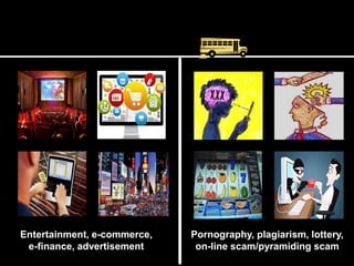 Entertainment, e-commerce,
e-finance, advertisement
Pornography, plagiarism, lottery,
on-line scam/pyramiding scam
 