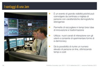 I vantaggi di una Jam
                                     È un evento di grande visibilità poiché può
                                     coinvolgere da centinaia a migliaia di
                                     persone con caratteristiche demograﬁche
                                     eterogenee

                                     Permette di raccogliere in tempi brevi idee
                                     di innovazione e trasformazione

                                     Utilizza nuovi canali di interazione con gli
                                     utenti e consente di sperimentare forme di
                                     e-democracy

                                     Dà la possibilità di riunire un numero
                                     elevato di persone on line, ottimizzando
                                     tempi e costi




94
                       Portfolio Innovatori Jam 2011 - 13/14 settembre 2011 - versione Febbraio 2012
 