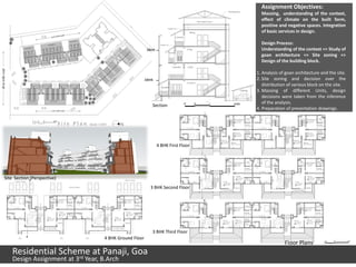 Assignment Objectives:
                                                                                    Massing, understanding of the context,
                                                                                    effect of climate on the built form,
                                                                                    positive and negative spaces. Integration
                                                                                    of basic services in design.

                                                                                    Design Process:
                                                       3BHK                         Understanding of the context => Study of
                                                                                    goan architecture => Site zoning =>
                                                                                    Design of the building block.

                                                                                  1. Analysis of goan architecture and the site.
                                                       4BHK                       2. Site zoning and decision over the
                                                                                     distribution of various block on the site.
                                                                                  3. Massing of different Units, design
                                                                                     decisions were taken from the inference
                                                                                     of the analysis.
                                                          Section
                                                                                  4. Preparation of presentation drawings.




                                                              4 BHK First Floor




Site Section (Perspective)
                                                         3 BHK Second Floor




                                                          3 BHK Third Floor
                                  4 BHK Ground Floor
                                                                                                Floor Plans
    Residential Scheme at Panaji, Goa
                    rd
    Design Assignment at 3 Year, B.Arch
 