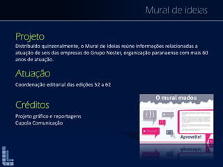 Mural de ideias
Projeto
Distribuído quinzenalmente, o Mural de Ideias reúne informações relacionadas a
atuação de seis das empresas do Grupo Noster, organização paranaense com mais 60
anos de atuação.
Atuação
Coordenação editorial das edições 52 a 62
Créditos
Projeto gráfico e reportagens
Cupola Comunicação
 