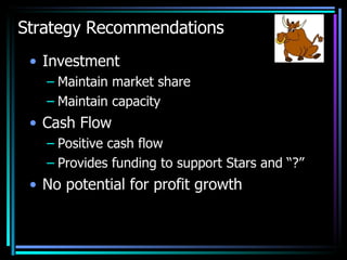 Strategy Recommendations Investment Maintain market share Maintain capacity Cash Flow Positive cash flow Provides funding to support Stars and “?” No potential for profit growth 