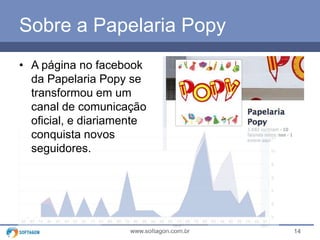 14www.softagon.com.br
Sobre a Papelaria Popy
• A página no facebook
da Papelaria Popy se
transformou em um
canal de comunicação
oficial, e diariamente
conquista novos
seguidores.
 