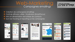 Web-Marketing
Campagnes emailings
Création de campagnes emailings
Outil de diffusion utilisé: Emailvision (SmartFocus)
MAJ et alimentation de la Base de contacts
Suivi de Tracking et reporting sur les campagnes
 