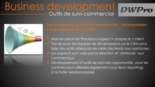 Suivi et reporting de l’activité commerciale / incrémentation
d’outils adéquats dans le CRM
Mise en place du Processus suspect > prospects > client
Travail avec les équipes de développeurs sur le CRM pour
faire des outils adéquats de saisie des leads aux assistantes.
Les suspects sont visés par la direction et ‘distribués’ aux
commerciaux
Développement d’outils de suivi des opportunités pour les
commerciaux utilisable également pour leurs reportings
d’activité hebdomadaires
Business development
Outils de suivi commercial
 