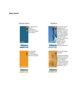 Story board




              Prednja strana                     Pozadina

                          Da li ste spremni?                Provociramo maštu i
                          Ništa ne                          pokazujemo da
                          objašnjavamo.                     nedostižni ciljevi nisu
                          Sami neka zaključe                nedostižni u pravom
                          šta ih pitamo.                    timu. Može sadržati
                                                            samo kratak podatak,
                                                            npr statistički koliko
                                                            naših ljudi je bilo
                                                            službeno u USA. To je
                                                            vrlo podstijana
                                                            podatak, svi koji
                                                            pričaju o poslu u
                                                            Intensu to ne
                                                            propuste da pomenu.




                          Da li “govorite”                  Da li ste razmišljate
                          matematiku?                       drugačije?
                          Da, matematika je
                          bitna za ovaj posao.              U jednoj dve rečenice
                                                            predstaviti našu viziju
                                                            kakve ljude želimo i
                                                            da uvek dajemo
                                                            dodatnu vrednost čak
                                                            i u outsourcingu, što
                                                            je naša konkurentna
                                                            prednost ali i stil.
 