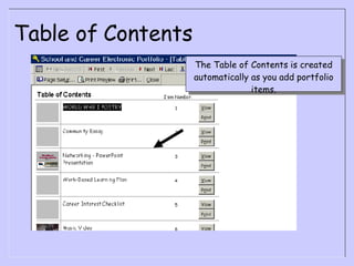 Table of Contents The Table of Contents is created automatically as you add portfolio items. 