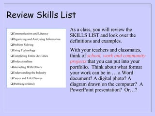 Review Skills List As a class, you will review the SKILLS LIST and look over the definitions and examples.  With your teachers and classmates, think of  school, work and community projects  that you can put into your portfolio.  Think about what format your work can be in … a Word document? A digital photo? A diagram drawn on the computer?  A PowerPoint presentation?  Or…?    Communication and Literacy    Organizing and Analyzing Information    Problem Solving    Using Technology    Completing Entire Activities    Professionalism    Interacting With Others    Understanding the Industry    Career and Life Choices    (Pathway-related) 