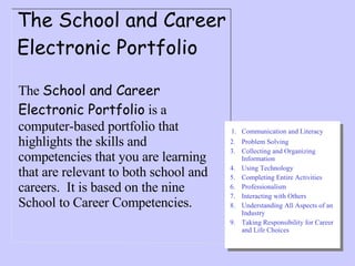 The School and Career Electronic Portfolio The  School and Career Electronic Portfolio  is a computer-based portfolio that highlights the skills and competencies that you are learning that are relevant to both school and careers.  It is based on the nine School to Career Competencies. 1. Communication and Literacy 2. Problem Solving 3. Collecting and Organizing Information 4. Using Technology 5. Completing Entire Activities 6. Professionalism 7. Interacting with Others 8. Understanding All Aspects of an Industry 9. Taking Responsibility for Career and Life Choices 