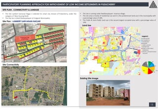 PARTICIPATORY PLANNING APPROACH FOR IMPROVEMENT OF LOW INCOME SETTLEMENTS IN PUDUCHERRY
13
SITE PLAN , CONNECTIVITY & LANDUSE
Site Connectivity
Land Use
• The site is coming under Reddiarpalayam revenue village.
• The site area is mostly of residential use and it is the predominant land use in this municipality with
a percentage value of 28%
• The Public & Semi-Public land use is the second largest occupied area with a percentage value of
14%.
Site Plan : LAMBERT SARVANAN NAGAR
• The Site Lambert Sarvanan Nagar is selected for smart city mission of Puducherry, under the
category of New Housing Build.
• The Site lies in Ward Rediarpalayam of Oulgaret Municipality.
Existing Site Image
Legend :
 