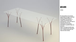 MESAIBIS
2010
Em decorrência da grande
quantidade de água e energia
elétrica despendidos na
reciclagem do alumínio, a
criação de produtos que
prolonguem o ciclo de vida do
material antes da sua
reciclagem é de grande
relevância na preservação de
recursos.
Assim, foi desenvolvida uma
mesa composta por base feita
com o reaproveitamento de
cabos de alta tensão.
 