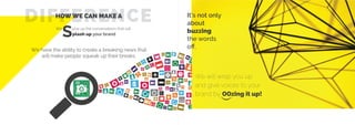 DIFFERENCEHOW WE CAN MAKE A
We pice up the conversations that will
plash up your brandS
We have the ability to create a breaking news that
will make people squeak up their breaks.
It’s not only
about
buzzing
the words
oﬀ.
We will wrap you up
and give voices to your
brand by OOzing it up!
 