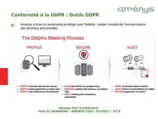 Conformité à la GDPR : Outils GDPR
Amenys a tissé un partenariat privilégié avec Delphix : leader mondial de l’anonymisation
des données personnelles
Amenys Sarl Confdential
Hilal EL AKRAMINE – AMENYS CISO - 8/1/2017 – V2.0
 
