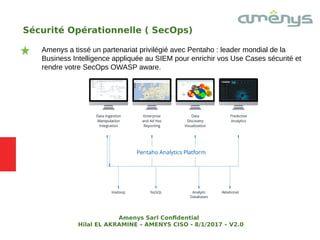 Sécurité Opérationnelle ( SecOps)
Amenys a tissé un partenariat privilégié avec Pentaho : leader mondial de la
Business Intelligence appliquée au SIEM pour enrichir vos Use Cases sécurité et
rendre votre SecOps OWASP aware.
Amenys Sarl Confdential
Hilal EL AKRAMINE – AMENYS CISO - 8/1/2017 – V2.0
 