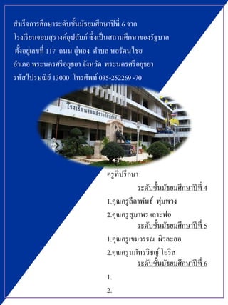 สาเร็จการศึกษาระดับชั้นมัธยมศึกษาปีที่ 6 จาก
โรงเรียนจอมสุรางค์อุปถัมภ์ ซึ่งเป็นสถานศึกษาของรัฐบาล
ตั้งอยู่เลขที่ 117 ถนน อู่ทอง ตาบล หอรัตนไชย
อาเภอ พระนครศรีอยุธยา จังหวัด พระนครศรีอยุธยา
รหัสไปรษณีย์13000 โทรศัพท์ 035-252269 -70
ครูที่ปรึกษา
ระดับชั้นมัธยมศึกษาปีที่ 4
1.คุณครูลีลาพันธ์ พุ่มพวง
2.คุณครูสุมาพร เลาะฟอ
ระดับชั้นมัธยมศึกษาปีที่ 5
1.คุณครูเขมวรรณ ผิวละออ
2.คุณครูนภัทรวิชญ์โอริส
ระดับชั้นมัธยมศึกษาปีที่ 6
1.
2.
 