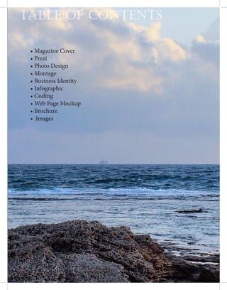 • Magazine Cover
• Prezi
• Photo Design
• Montage
• Business Identity
• Infographic
• Coding
• Web Page Mockup
• Brochure
• Images
Table of Contents
 