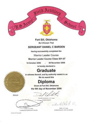 Fort Sill, Oklahoma
                                            Be lt Known That

                             SERGEANT DANIEL C BARDEN
                                having successfully completed the

                                    Warrior Leader Course
                             Warrior Leader Gourse Class 001-07
                           10 October   2006 -             09 November 2006
                                        is hereby declared a

                                        Graduate
                         ln witness thereof, and by authority vested in us
                                         We do award this

                                            Diploma
                                    Given at Fort Sill, Oklahoma
                                 the 9th day of November 2006

   Attest:
                                            MAJOR GENERAI, U S. ArmY
                                                 COMMANDANT




                                                                         CSM, U.S. ArmY
                   COMMAND SERGEANT MAJOR                          COMMANDANT, NCO ACADEMY

FS Form 737. 20 Jan 69
 