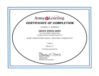 Army@LeaEing.
CERTIFICATE OF COMPLETION
              DAI{IEL C. BARDEN
            UNITED STATES ARMY
             has successfully completed the
          Computer Based Training Program for

BASIC PRESNTATION SKLLS: CREATING A PRSENTATN


                         I Hours
                        09 Ocr     Il
                 Certificate presented by



            6"^0." Q.bc^r,{
            .,**y".Lr",    -
            Project Director
            Distributed Learning System
 