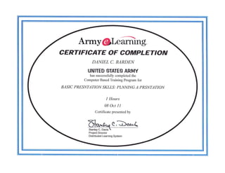 Army@lLiffiing.
CERTI FICATE OF COMPLETION
              DANIEL C. BARDEN
            UNITED STATES ARMY
             has successfully completed the
          Computer Based Training Program     for
BASIC PRESNTATION SKLLS: PLNNING A PRSNTATION


                         I Hours
                        0BOctlI
                 Certificate presented by




            Project Director
            Distributed Learning System
 