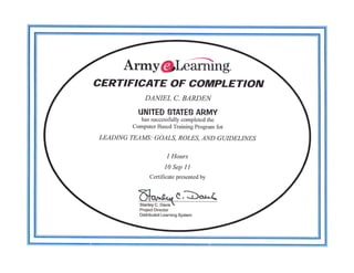 CERTIFICATE OF COMPLETION
             DANIEL C. BARDE]{
           UNITED STATES ARMY
            has successfully completed the
         Computer Based Training Program for

LEADING TEAMS: GOALS, ROLES, AND GUIDELINES

                         I Hours
                       10 Sep     I1
                Certificate presented by



           d"^CI"" C.bc^k{
           -r"t"y
                  ".tr^ -
           Project Director
           Distributed Learning System
 