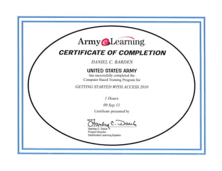 Army@Leffiing.
CERTI FICATE OF COMPLETION
           DANIEL C. BARDEN
         UNITED STATES ARMY
          has successfully completed the
       Computer Based Training Program for

    GETTING STARTED WITH ACCE,S,S 2OIO


                       I Hours
                     09 Sep 11
              Certificate presented by



         tr""4." . e.bc^l*<
         -r**y r'r
                "*
         Project Director
         Distributed Learning System
 
