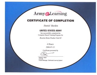 Army@LeCffitng
GERTIFIGATE OF COMPLETION
              Daniel Barden

       UNITED STATES ARMY
        has successfully completed the
     Computer Based Training Program for

       Rosetta Stone Pashto Unit 02


                      4 Hours
                   2006-07-1 3

             Certificate presented by



      RobertA. Bean
      LTC, MI
      Product Manager, Diskibuted Learning System
 