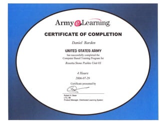 Armv@,Leffitng.
GERTIFIGATE OF GOMPLETION
              Daniel Barden

       UNITED STATES ARMY
        has successfully completed the
     Computer Based Training Program for

       Rosetta Stone Pashto Unit 03


                     4 Hours
                   2006-07-29
             Certificate presented by



      Robert A. Bean
      LTC, MI
      Product Manager, Distributed Learning System
 