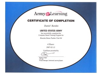 Army@Leffiing
GERTIFICATE OF GOMPLETION
               Daniel Barden

       UNITED gTATEg ARMY
        has successfully completed the
     Computer Based Training Program for

       Rosetta Stone Pashto Unit 04


                       4 Hours
                   2007-02-t 3
             Certificate presented by



      Robert A. Bean
      LTC, MI
      Product Manager, Distributed Learning System
 