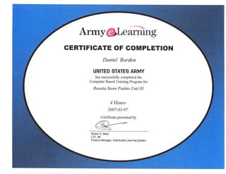 Army@Leffing.
GERTIFIGATE OF GOMPLETION
               Daniel Barden

       UNITED STATES ARMY
        has successfully completed the
     Computer Based Training Program for

       Rosetta Stone Pashto Unit 05


                       4 Hours
                   2007-03-07
             Certificate presented by



      Robert A. Bean
      LTC, MI
      Product Manager, Distributed Learning System
 