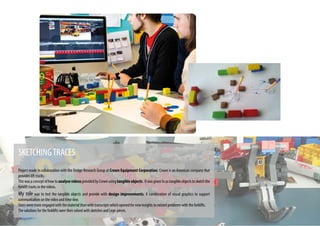 SKETCHINGTRACES
Project made in collaboration with the Design Research Group at Crown Equipment Corporation. Crown is an American company that
provides lift trucks.
ThiswasaconceptofhowtoanalysevideosprovidedbyCrownusingtangibleobjects. Itwasgiventoustangibleobjectstosketchthe
forklift tracks in the videos.
My role was to test the tangible objects and provide with design improvements. A combination of visual graphics to support
communication on the video and time-line.
Users were more engaged with the material than with transcripts which opened for new insights to existed problems with the forklifts.
The solutions for the forklifts were then solved with sketches and Lego pieces.
 