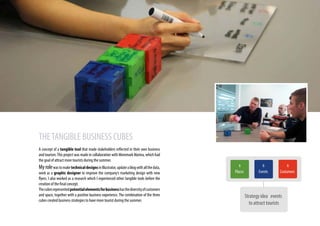 THETANGIBLE BUSINESS CUBES
A concept of a tangible tool that made stakeholders reflected in their own business
and tourism.This project was made in collaboration with Mommark Marina, which had
the goal of attract more tourists during the summer.
MyrolewastomaketechnicaldesignsinIllustrator,updateablogwithallthedata,
work as a graphic designer to improve the company’s marketing design with new
flyers. I also worked as a research which I experienced other tangible tools before the
creation of the final concept.
Thecubesrepresentedpotentialelementsforbusinesshasthediversityofcustomers
and space, together with a positive business experience. The combination of the three
cubes created business strategies to have more tourist during the summer.
Strategy idea events
to attract tourists
Places Events Costumers
666
 