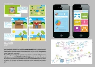 Aftertheworkshop,Iprovidedanewandimproveddesignconceptstocreateastrongerconnection
with the different areas of the children’s cognitive development and play and used a design map
method (image on the bottom right).
Thegoalofthegamesweretoprovideaqualitativeandquantitativeevaluationofachild’sperformance
to their parents. I created a digital interface for an appto provide with simple information to
theusersandtohelpthemimprovetheirskillsandhaveaselfperceptionoftheirperformance(image
on top right).The information was based in the reseach made from the workshop and the company’s
goals.
Play DXTR
The app
ZOO GAME (example)
His cat just ran away into the
zoo close by! I’m afraid it’s
lost, will you come with him
to find it?
Great thanks!
Karl has to buy an
entry ticket to enter
the Zoo.
Build a man so that
Karl can buy the
entry tickets.
Very good!
Great, now that he’s inside,
let’s check the different
animals from the zoo one
by one. First Karl goes to the
turtles.
Build a turtle.
Very good!
 