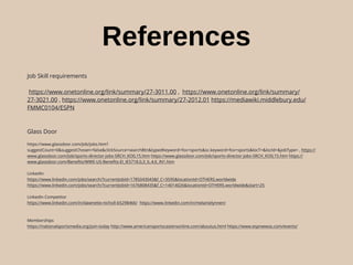References
Job Skill requirements
https://www.onetonline.org/link/summary/27-3011.00 , https://www.onetonline.org/link/summary/
27-3021.00 , https://www.onetonline.org/link/summary/27-2012.01 https://mediawiki.middlebury.edu/
FMMC0104/ESPN
Glass Door
https://www.glassdoor.com/Job/jobs.htm?
suggestCount=0&suggestChosen=false&clickSource=searchBtn&typedKeyword=fox+sports&sc.keyword=fox+sports&locT=&locId=&jobType= , https://
www.glassdoor.com/Job/sports-director-jobs-SRCH_KO0,15.htm https://www.glassdoor.com/Job/sports-director-jobs-SRCH_KO0,15.htm https://
www.glassdoor.com/Beneﬁts/WWE-US-Beneﬁts-EI_IE5718.0,3_IL.4,6_IN1.htm
LinkedIn
https://www.linkedin.com/jobs/search/?currentJobId=1785043043&f_C=3595&locationId=OTHERS.worldwide
https://www.linkedin.com/jobs/search/?currentJobId=1676808435&f_C=14014026&locationId=OTHERS.worldwide&start=25
Linkedin Competitor
https://www.linkedin.com/in/dawnette-nicholl-b5298466/ https://www.linkedin.com/in/melanielynnen/
Memberships
https://nationalsportsmedia.org/join-today http://www.americansportscastersonline.com/aboutus.html https://www.espnwwos.com/events/
 