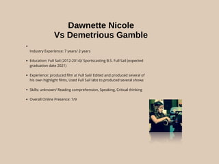 Dawnette Nicole
Vs Demetrious Gamble
•
Industry Experience: 7 years/ 2 years
• Education: Full Sail (2012-2014)/ Sportscasting B.S. Full Sail (expected
graduation date 2021)
• Experience: produced ﬁlm at Full Sail/ Edited and produced several of
his own highlight ﬁlms, Used Full Sail labs to produced several shows
• Skills: unknown/ Reading comprehension, Speaking, Critical thinking
• Overall Online Presence: 7/9
 